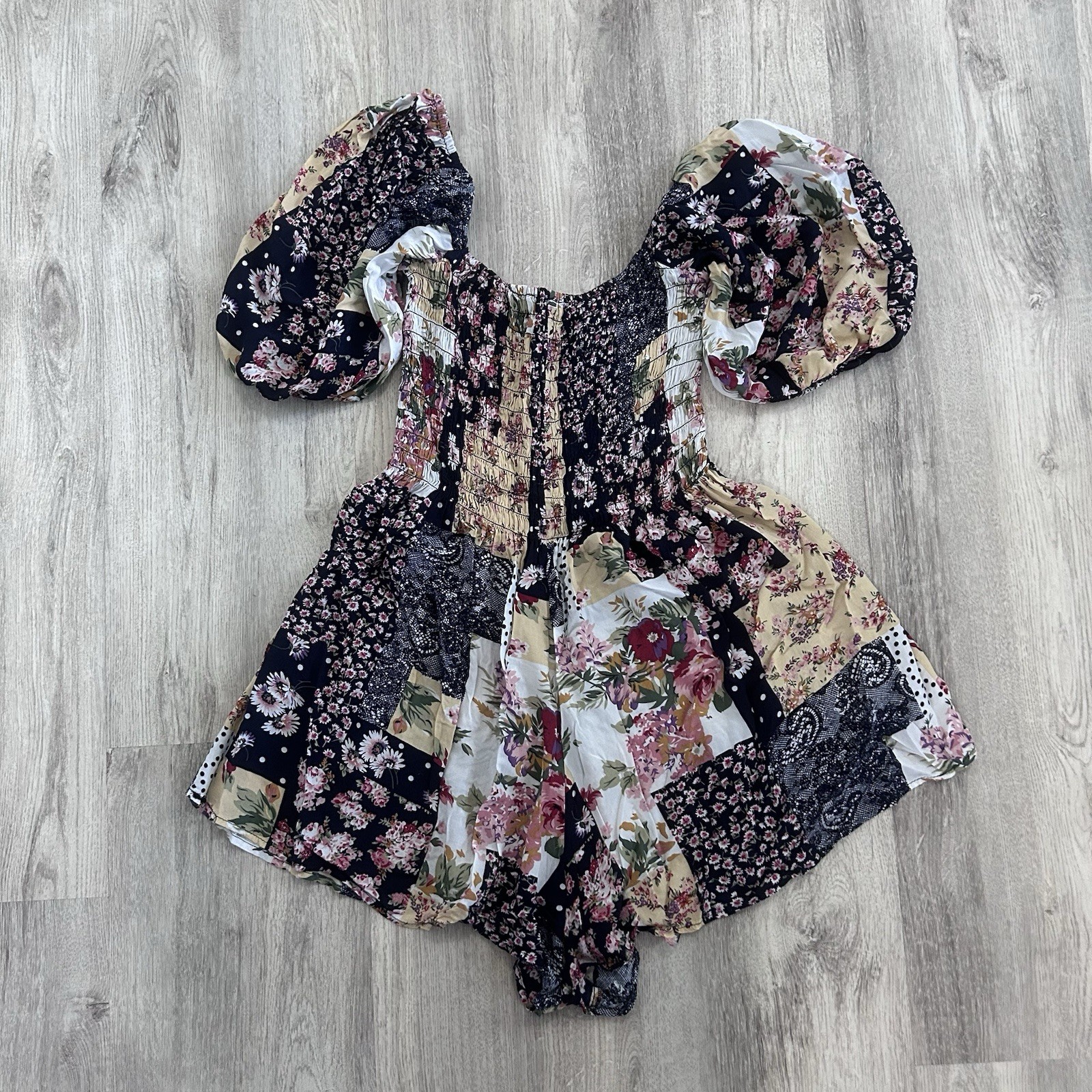 Kimchi Blue Romper Patsy Smocked Patchwork Womens… - image 1