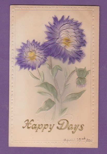 Greetings embossed airbrushed postcard/ purple mums/leaves/
