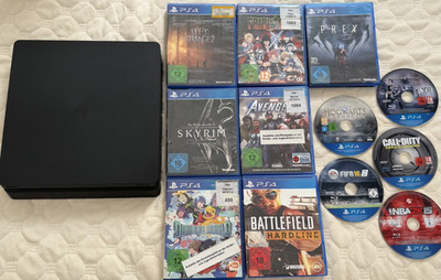Sony PlayStation 4 Slim Heimkonsole schwarz mit 4 DualShock 4 & Spielen