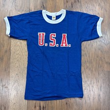 Vintage Russell Athletic Shirt Men S Blue Team USA Olympic Ringer Tee Cotton 70s