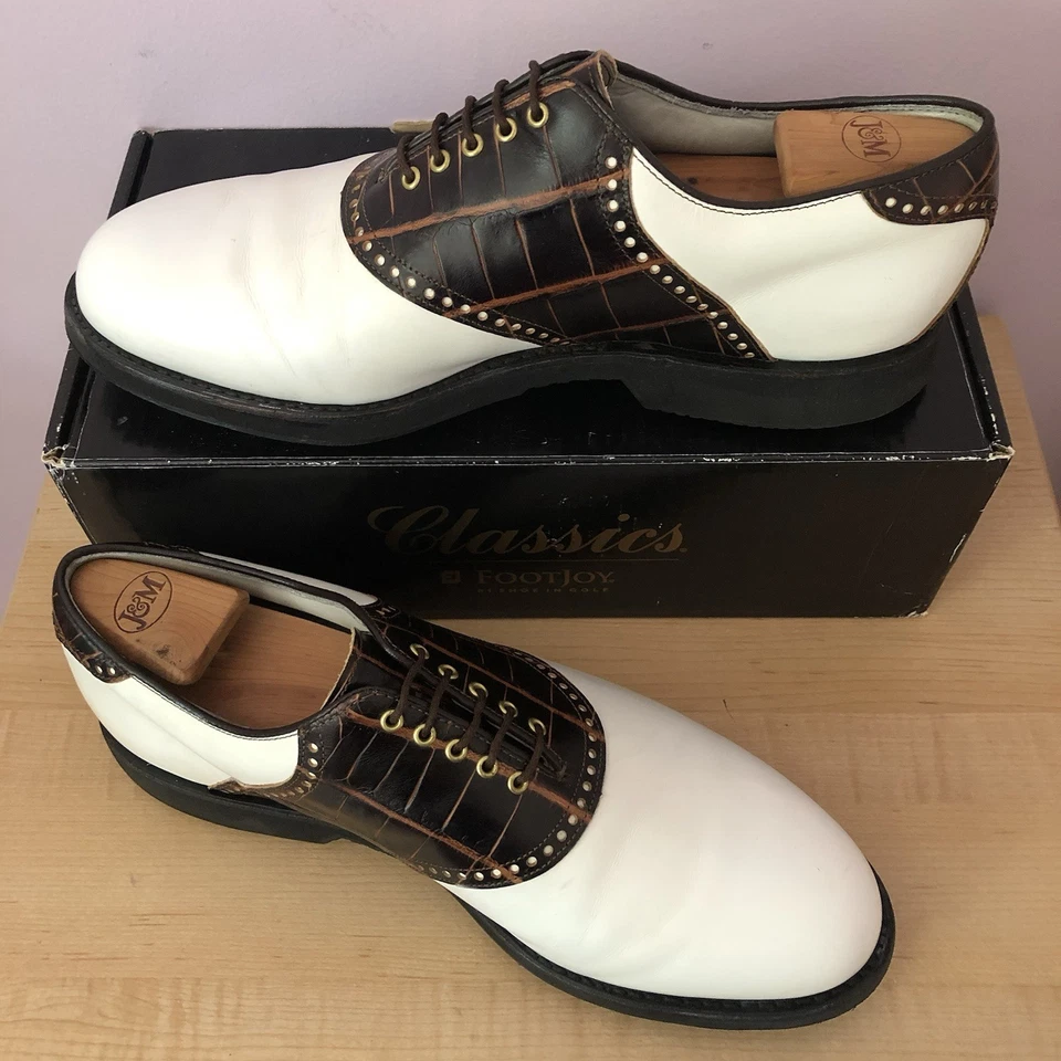Винтажные мужские туфли для гольфа седло FootJoy Classics Tour белая кожа/коричневый 12,5D - Изображение 4 из 4