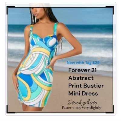 Forever 21 Abstract Print Sexy Bustier Mini Dress Blue Yellow Green Size S