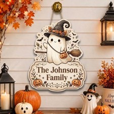 Personalized Halloween Ghost Family Name Sign, Witch Porch Decor, Fall Welcome