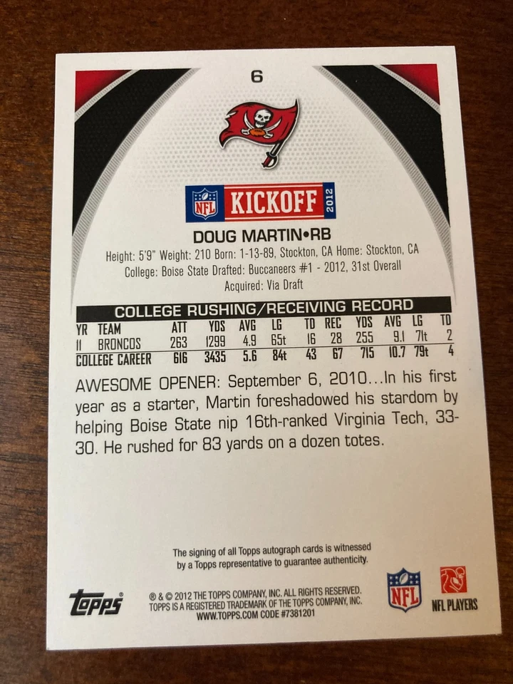 Doug Martin Auto 2012 Topps KIckoff Autograph /45 - Image 2 of 2