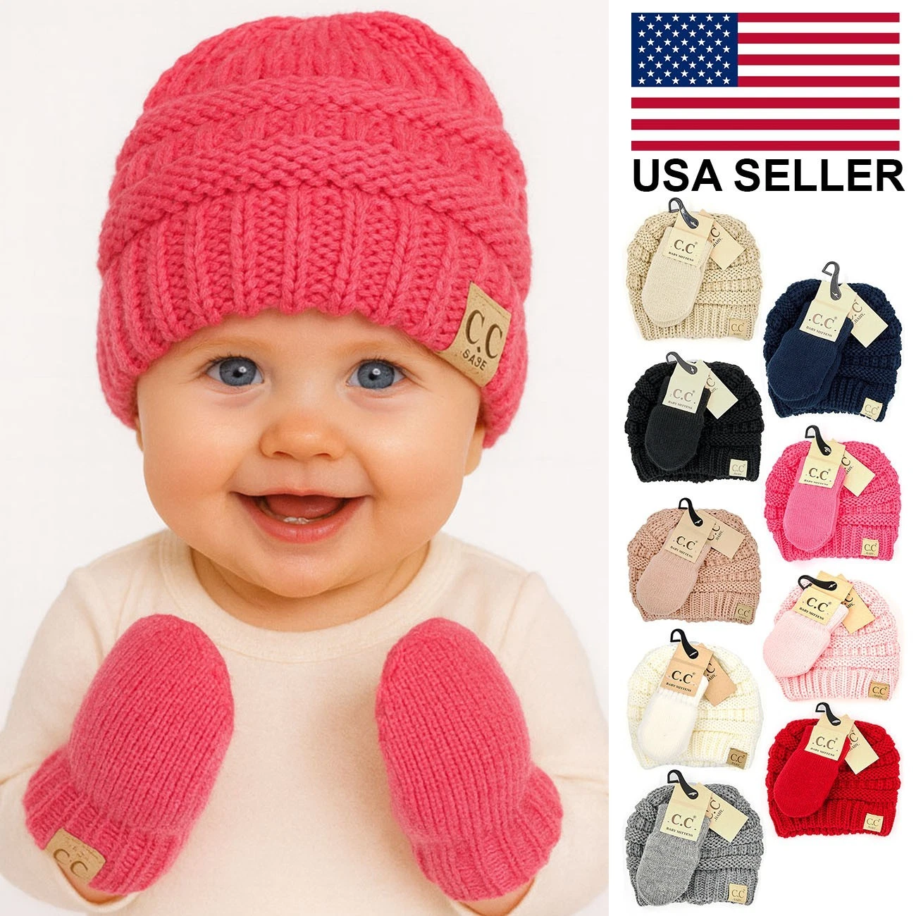 C.C Baby Infant Winter Solid Ribbed Knit Beanie and Mitten Glove Set