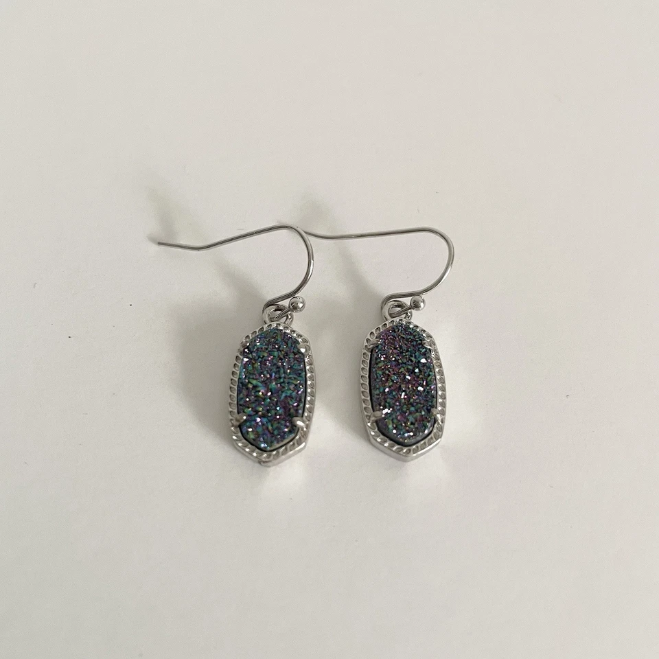 Kendra Scott Lee Silver Drop Earrings In Blue Purple Multi-Color Drusy Dangle - Image 3 of 4