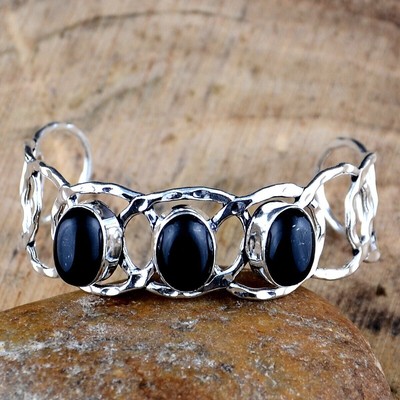 Bracelet manchette ami en argent sterling 925 avec péridot vert et onyx