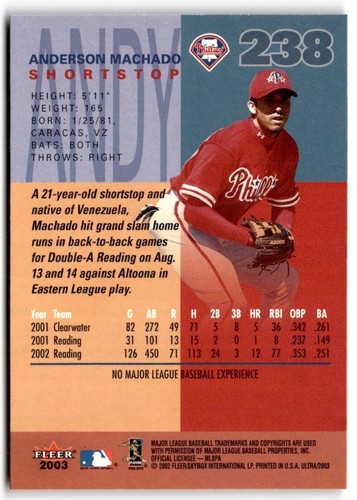 2003 Ultra Prospects Anderson Machado #238 Philadelphia Phillies - Picture 2 of 2