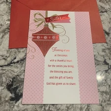 Merry Christmas Sister Thinking Of You  5.5”x8” Joyfully Yours Greeting Card