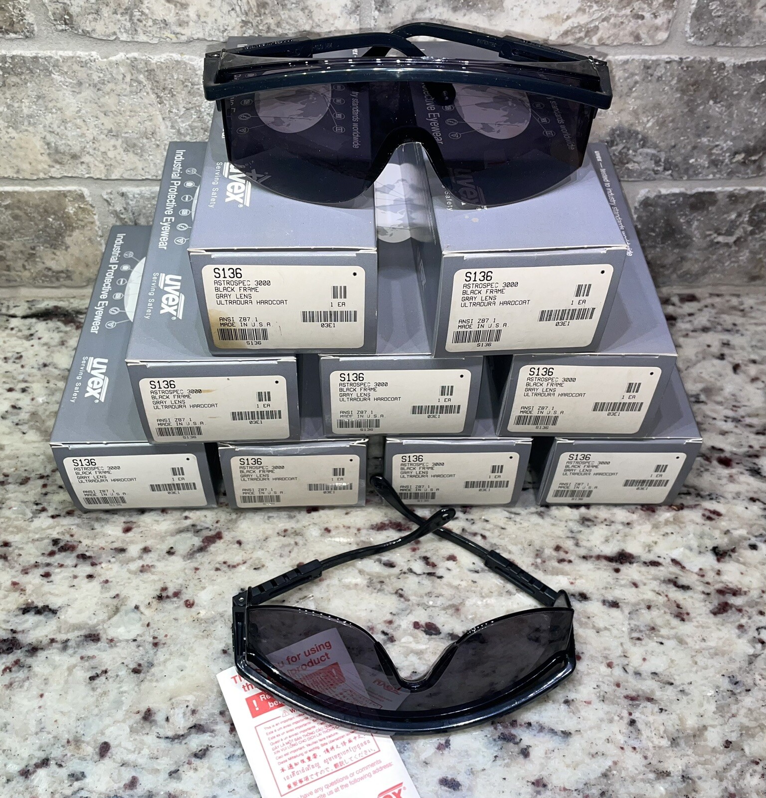 9 Pair New UVEX Astrospec 3000 Safety Glasses Black Frame Gray Lens