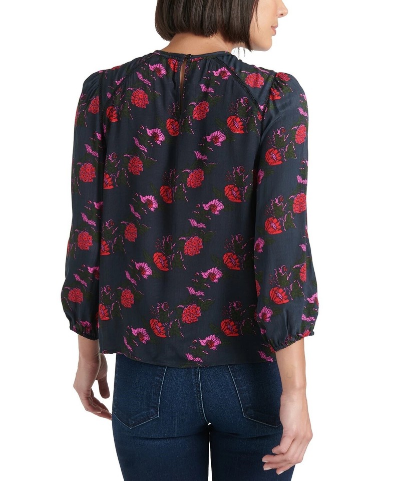 Lucky Brand Women's Piper Floral Popover Top Black Size XSmall eBay