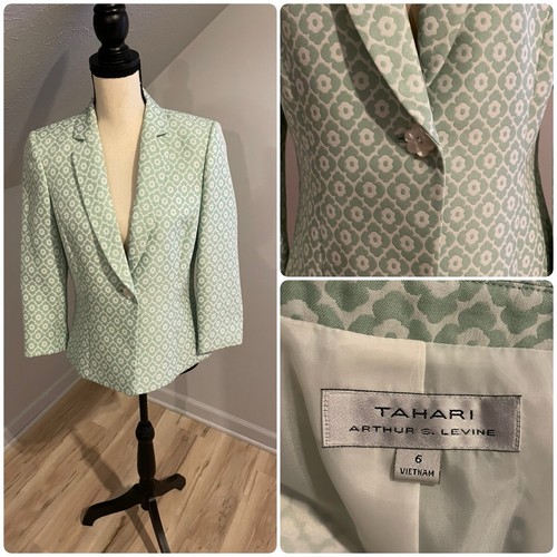 Tahari ASL Blazer Size 6 Mint Green Floral 3/4 Sleeve Lined Lightweight