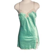 Victoria's Secret Satin Green White Lace Slip Dress Chemise Size M