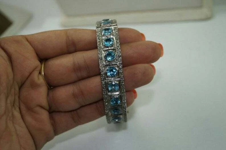 Браслет из стерлингового серебра 925 пробы с натуральным бриллиантом розовой огранки и голубым топазом - Изображение 2 из 4