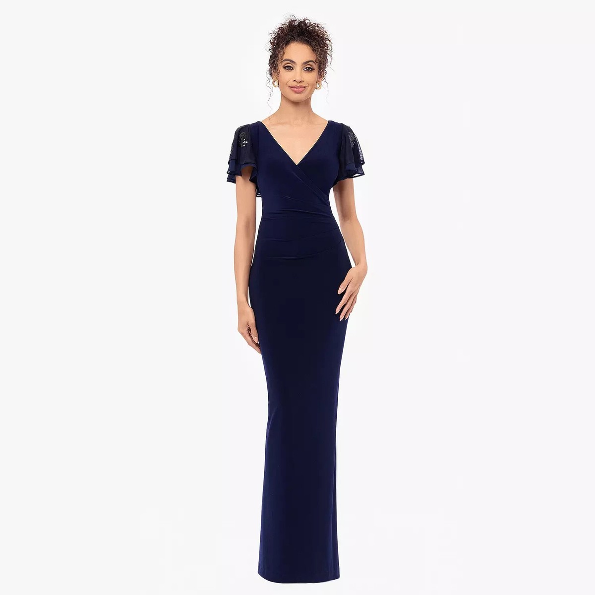 $179 Betsy Adam Petite Sequin Flutter-Sleeve Sheath Dress, Navy, 10P