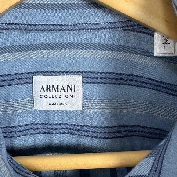 Armani Blue Striped Collared Button Down Shirt Mens Size Large Neck 16 Sleeve 41 Foto 2 de 4