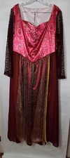 Renaissance Dress Costume XL Maroon Gold Pink Crocheted Sleeves Tie Bust