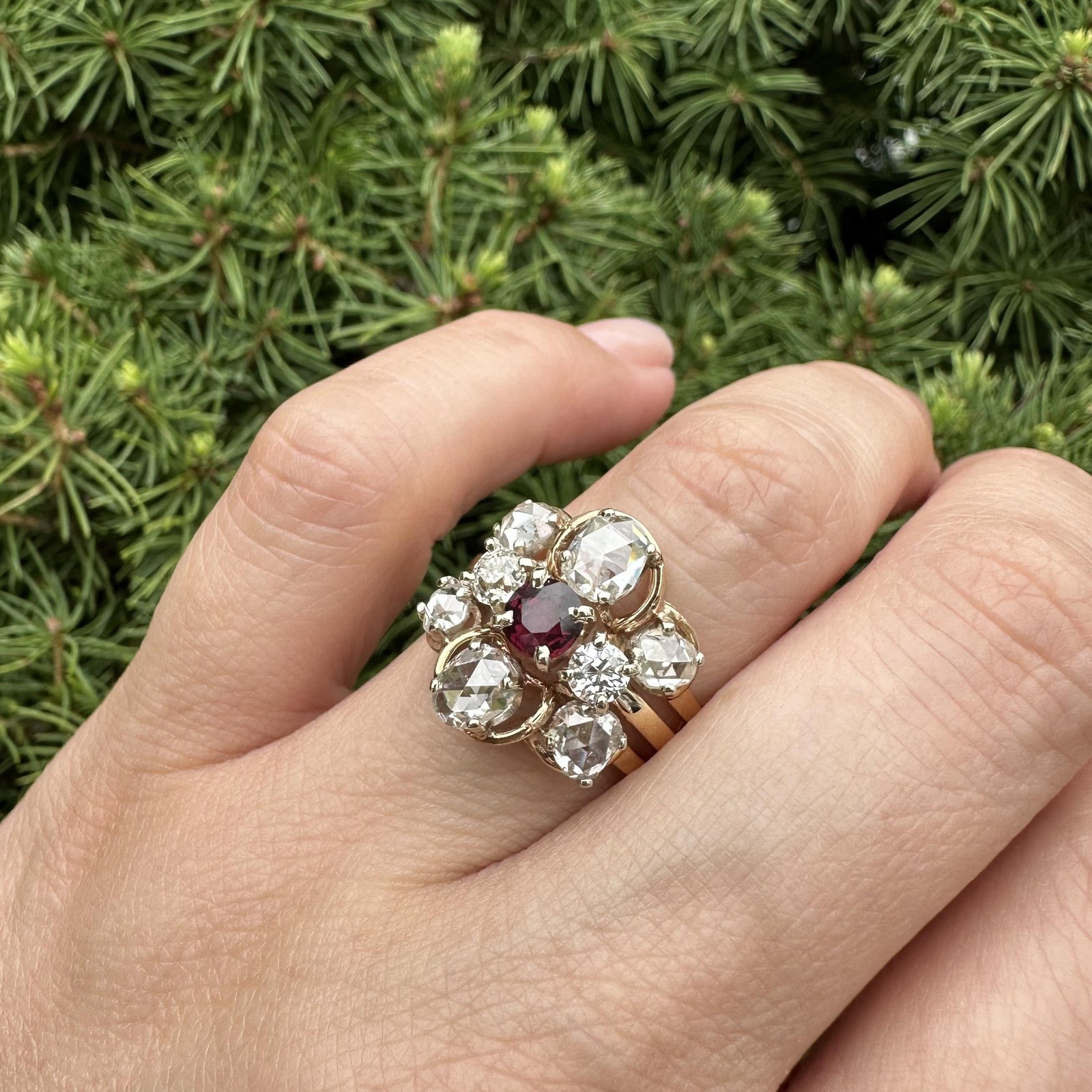 Solid Yellow Gold Round Ruby W/ Large Rose & Old … - image 5