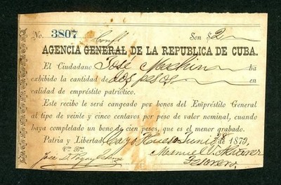 ANTIQUE DOCUMENT - RECEIPT / EMPRESITO GENERAL / REPUBLICA DE CVBA 1873