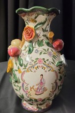 Vintage Wong Lee 1895 Crackle Glazed Vase3D Floral Applied Porcelain Chinoiserie