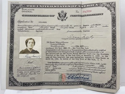 1941 Certificat De Naturalisation US Irma Monty Immigrante Italienne New York - Photo 1/2