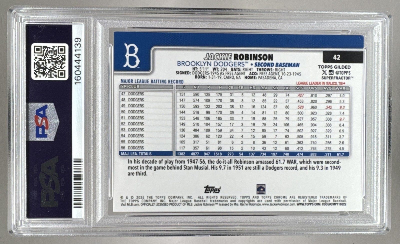 Jackie Robinson 2025 Topps Chrome Gilded #42 SuperFractor Gold 1/1 PSA 8 view 2