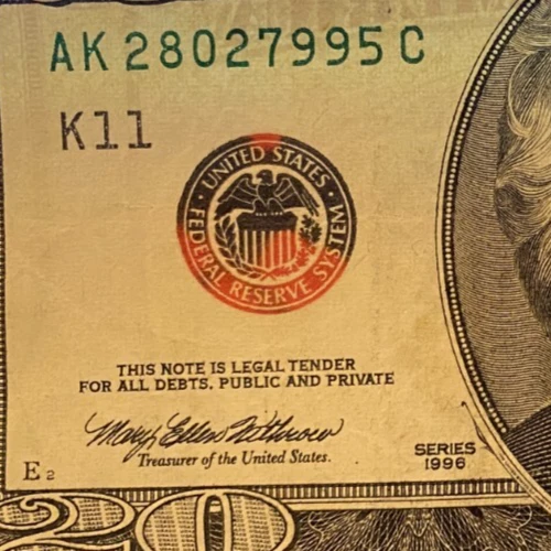 U.S., 1996, $20.00 Currency Note, Color Change Red Seal, circulated - Image 3 of 4