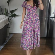 ASTR The Label Soho Chiffon Puff Sleeve Sweetheart Midi Dress Fuchsia Floral M