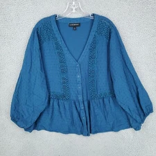 Lane Bryant Top Womens 22 Plus Blue Blouse Button Up Long Sleeve V Neck