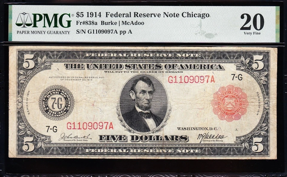 VERY NICE *RARE* Bold & Crisp VF 1914 $5 CHICAGO "RED SEAL" FRN Note! PMG 20! - Image 2 of 3