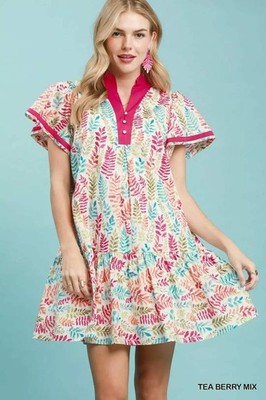 Umgee Leaf Print Flutter Sleeve Tiered Mini Dress