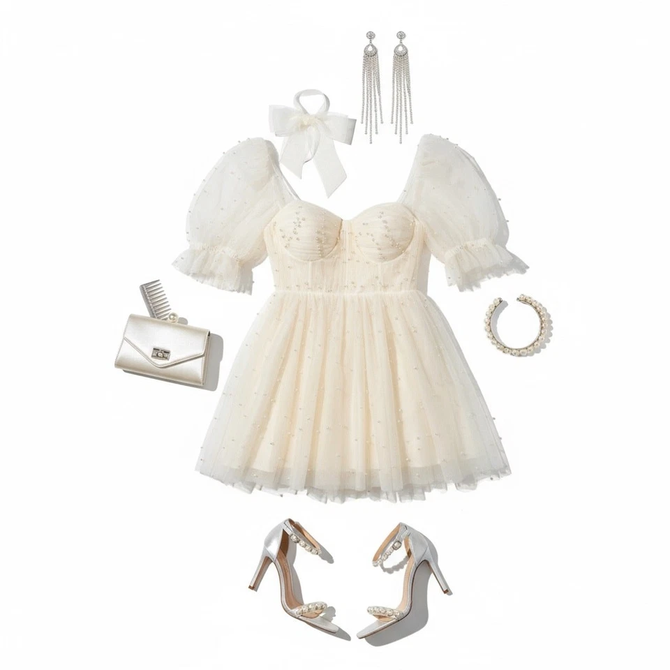 Ava платья мини-платье жемчуг тюль свадебная кокетка слоновой кости шнурует вверх назад размер 16 новый - Изображение 3 из 4