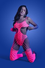 Neon Pink UV Rhinestone Bodystocking Cutout Teddy Blacklight One Size