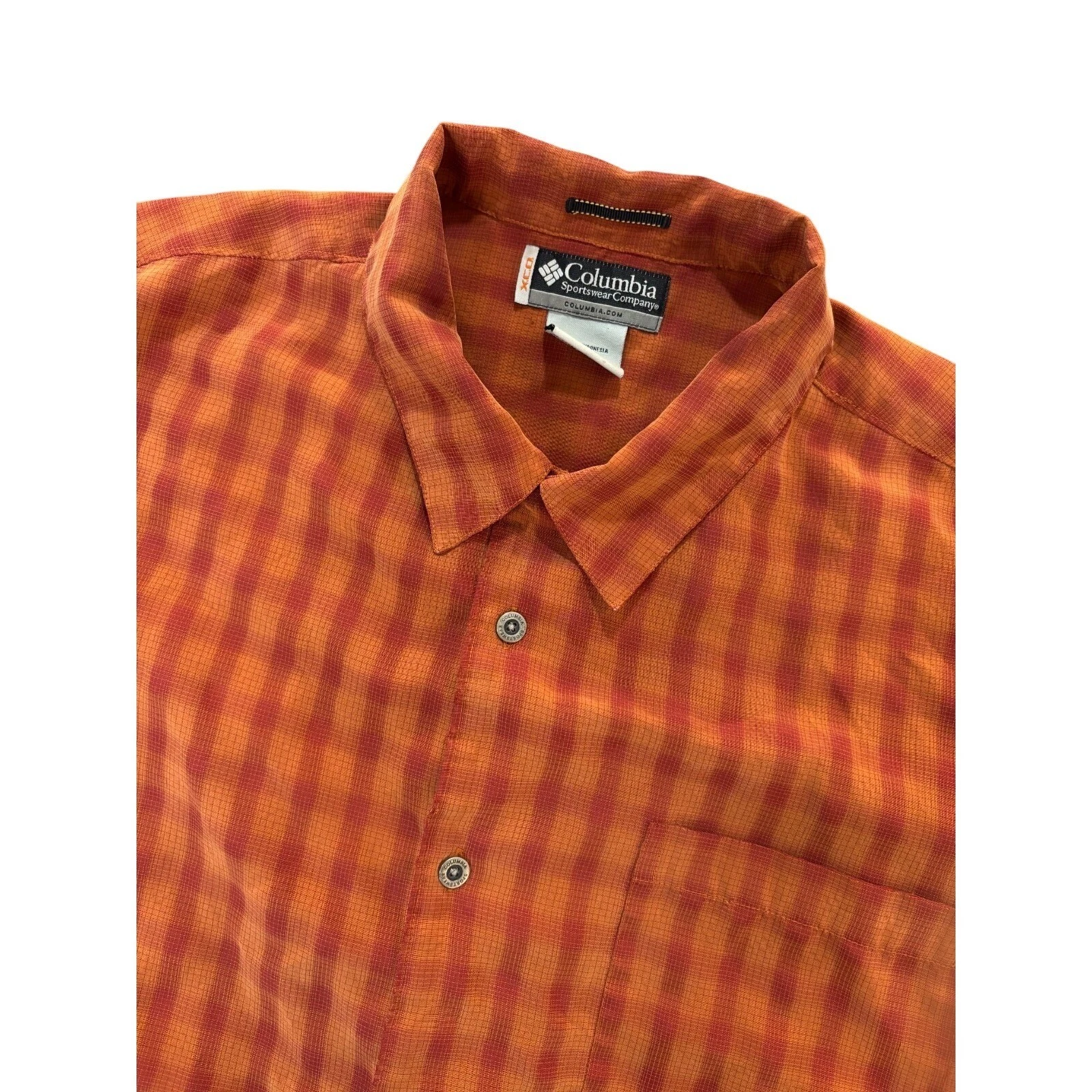 COLUMBIA Button Up Shirt Mens XL Orange Plaid Short Sleeve Outdoor Hiking