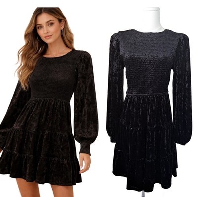 BALTIC BORN Kele Black Smocked Velvet Mini Dress Tiered Skirt Long Sleeve Medium
