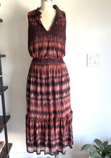 Evereve Greta Smocked High Neck Ikat Mesh Printed Sleeveless Midi Dress-Size M