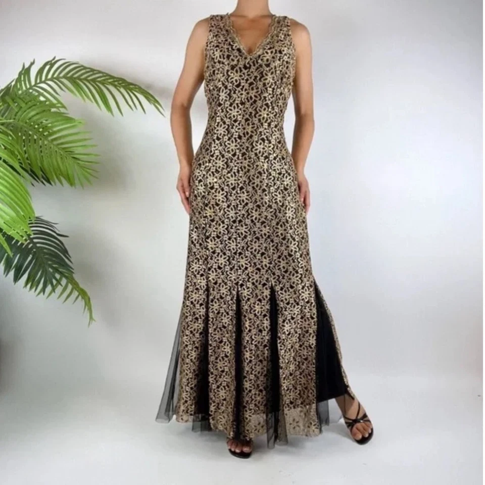 Vestido de noche caprichoso plisado floral dorado vintage de graduación / Talla: 2XL  Foto 4 de 4