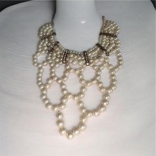 Vtg Faux Pearl Collar Choker Necklace With Rhinestone