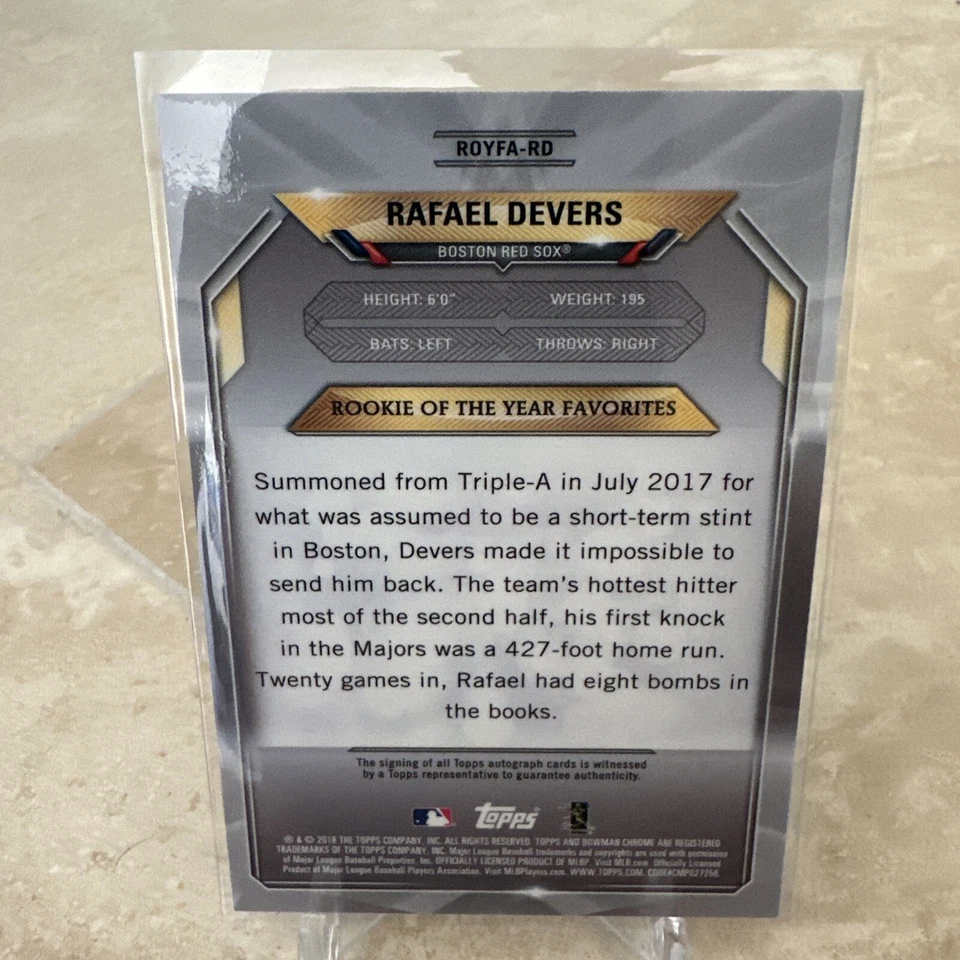 Карточка новичка 2018 Bowman Chrome Rafael Devers ROY Favorites On Card Auto No/150 Red Sox - Изображение 2 из 3