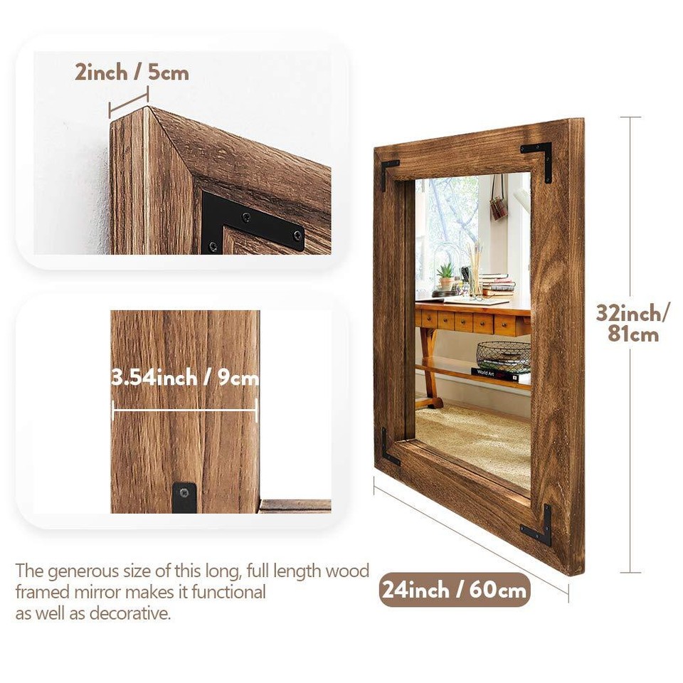 YOSHOOT Rustic Wooden Framed Wall Mirror, Natural Wood Bathroom Vanity