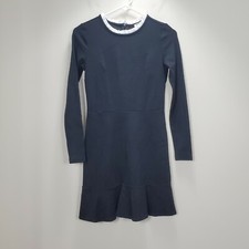 Loft Black White ruffle crew neck LS Black short dress a line back zip rayon ble