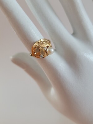 Sonderanfertigung 14k Ring Perle & CZ Diamantschliff Design Größe 5,25