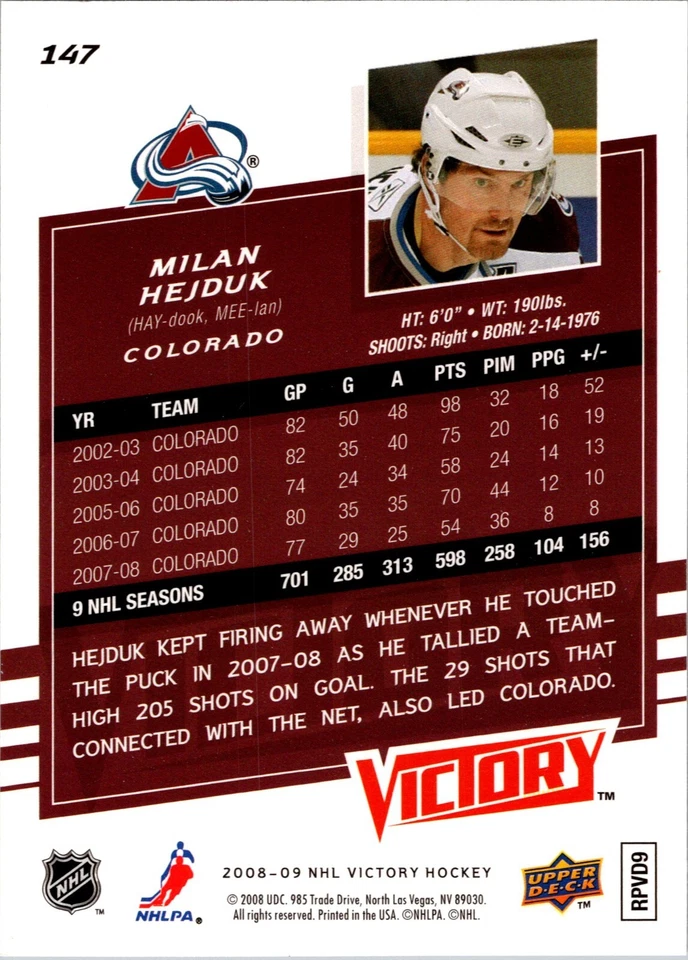 2008-09 Upper Deck Victory - #147 Milan Hejduk - Image 2 of 2