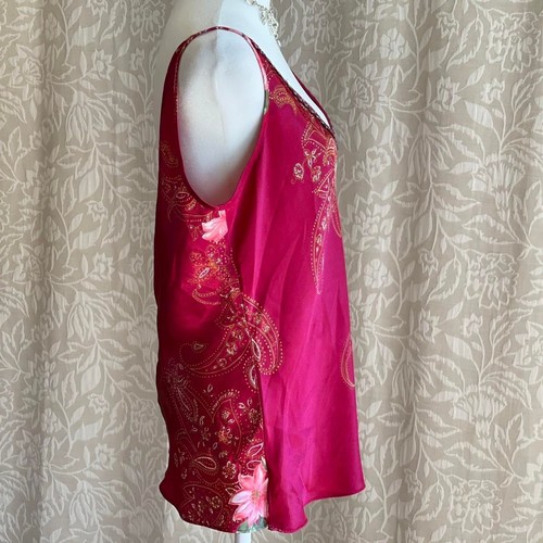 Vintage 90s California Dynasty Floral Satin Cami Red Paisley Slip Tank Size L - Picture 3 of 8