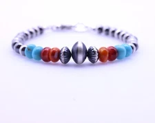 Kingman Turquoise Spiny Oyster Navajo Pearls Sterling Silver Red Blue Bracelet