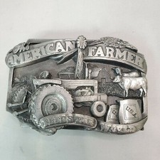 Vintage Siskiyou 1983 Silver Tone Belt Buckle American Farmer Feeds the World