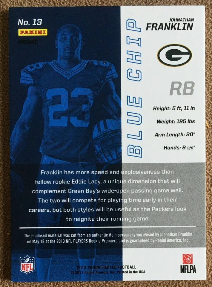 Johnathan Franklin 2013 Limited Blue Chip Rookie Jersey Prime #13 /25 Packers RC - Image 2 of 2