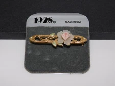 Vintage 1928 Brand Pearl Frosted Rose Bar Brooch Pin Victorian Style on Card