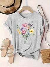Lady Floral Print Fashion Round Neck Short Sleeve T-Shirt Womens Pullover S-2XL