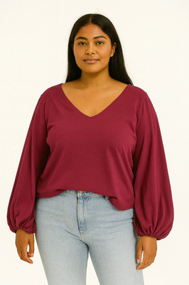 Damen weinrot V-Ausschnitt Puffärmel Top Größe 2XL Langarm Freizeit Bluse